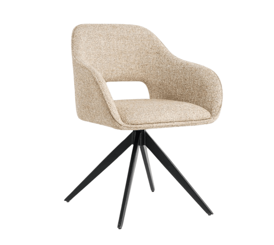 Eetkamerstoel Jordan van VSO Design met moderne stof en zwart metalen basis, perfect voor stijlvol comfort.