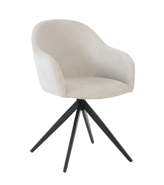 De Maxim eetkamerstoel van VSO Design combineert minimalistische elegantie met optimaal zitcomfort. De zachte, neutraal gekleurde stoffering sluit naadloos aan bij diverse interieurstijlen, van Scandinavisch tot modern industrieel. De volledig gesloten kuipvorm met geïntegreerde armleuningen zorgt voor een comfortabele en ondersteunende zitervaring.

Het robuuste zwarte metalen onderstel met vier taps toelopende poten in kruisvorm geeft de Maxim een stabiele basis en een subtiele design-touch.