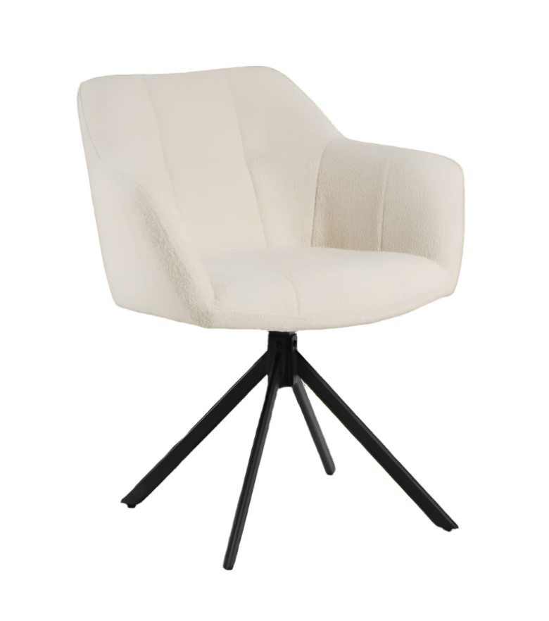 De Rosalie eetkamerstoel van VSO Design is een
perfecte mix van modern design en comfort. De stoel is bekleed met een zachte,
wollige bouclé stof in een elegante witte kleur, wat zorgt voor een warme en
stijlvolle uitstraling in elke eethoek.

Het licht afgeronde design van de rug- en armleuningen biedt
fijne ondersteuning, terwijl de subtiele stiknaden zorgen voor een luxe
afwerking. De zwarte, metalen kruispoot voegt een stoer, industrieel contrast
toe en maakt de stoel stevig én visueel aantrekkelijk.